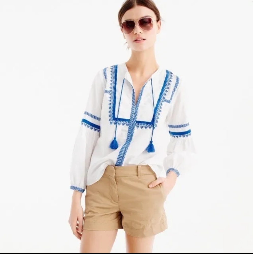 J. Crew Embroidered linen-cotton top White/Blue CURRENT size 6